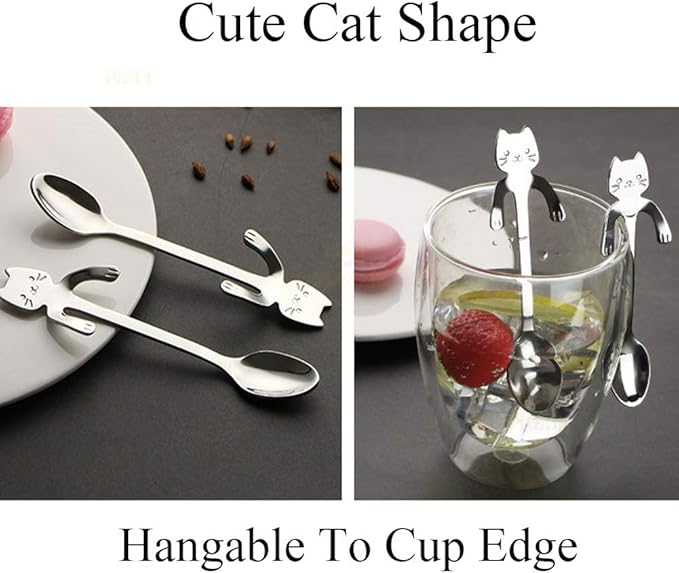 6 PCS Cat Spoon Coffee Tea spoon Set, ESRISE Stainless Steel Mini Long Cute Kitten Stirring Teaspoons for Dessert Drink Mixing Milkshake (Silver)