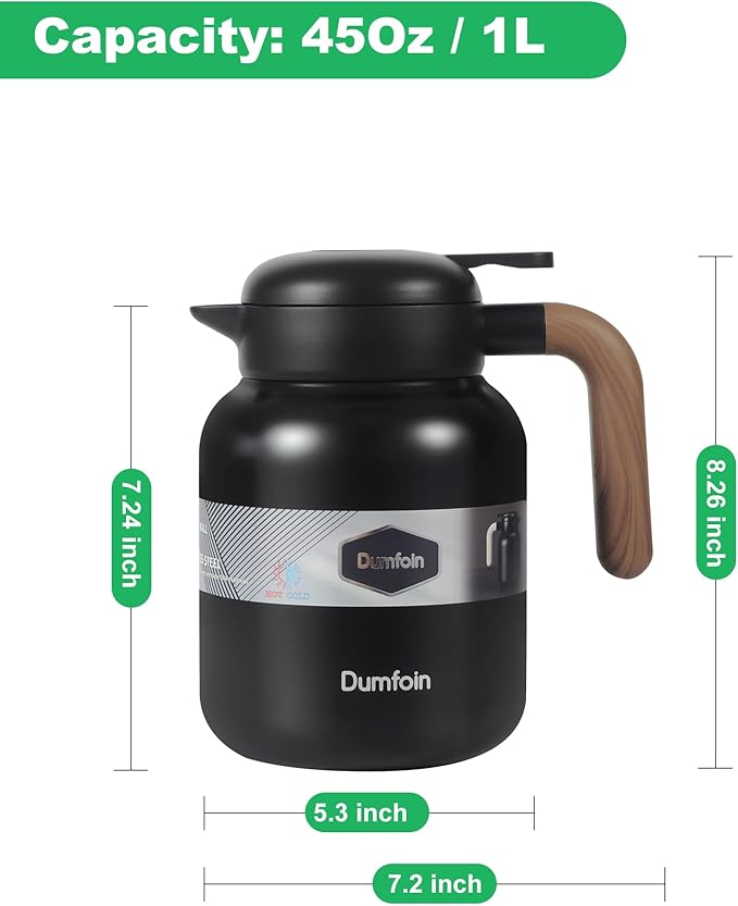45 Oz Thermal Coffee Carafe, Stainless Steel Insulated Vacuum Coffee Carafes For Keeping Hot, 1.3 Liter Beverage Dispenser (Black/Black)