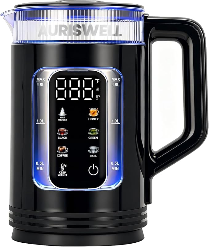 Electric Tea Kettle with Temperature Control, 1.5L Glass smart Water Boiler for Tea, Coffee & Boil, Automatic Shut Off, 12h Keep Warm & One-Touch 6 Presets