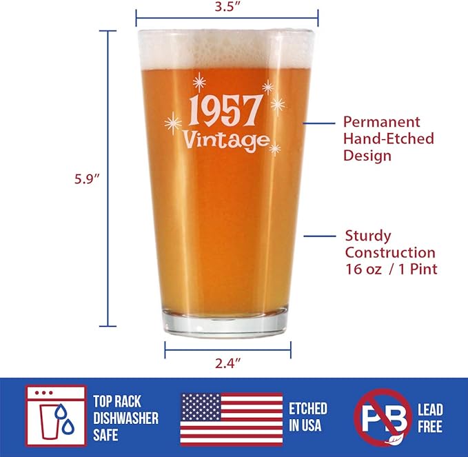 Vintage 1957 Pint Glass for Beer - 68th Birthday Gifts for Men or Women Turning 68 - Fun Bday Party Decor - 16 oz
