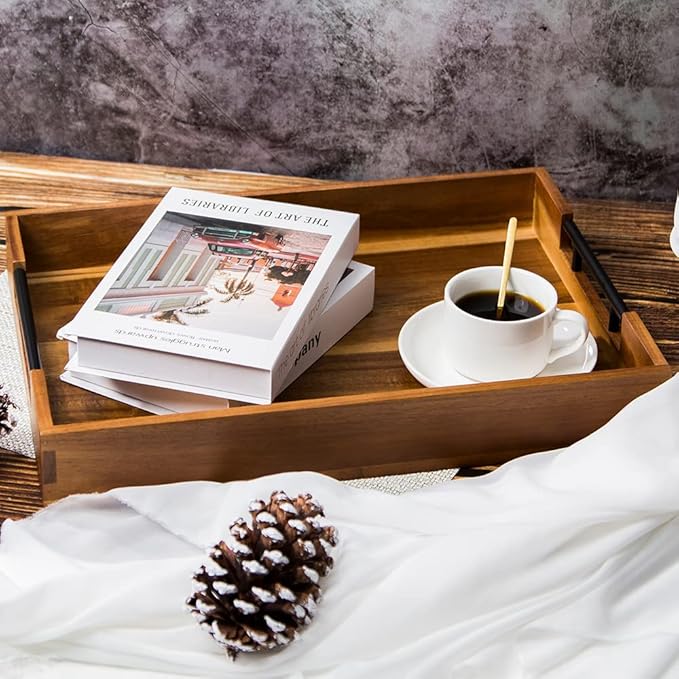 2PCS Large Wooden Ottoman Tray Rectangle Trays for Big Ottoman Counter Huge Kitchen Wood Serving Trays with Handles, Decorative Tray for Living Room Premium Acacia Wood Tray(20.1'' + 18.1'')