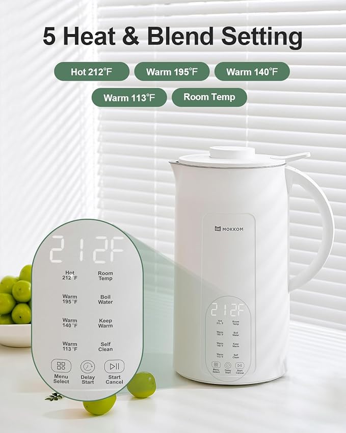 MOKKOM 9 in 1 Nut Milk Maker, 42oz Automatic Almond Milk Machine for Homemade Plant-Based Milk, Oats, Soy, Dairy Free Beverages, Soy Milk Maker with Delay Start/Keep Warm/Self-Cleaning/Boiling, White