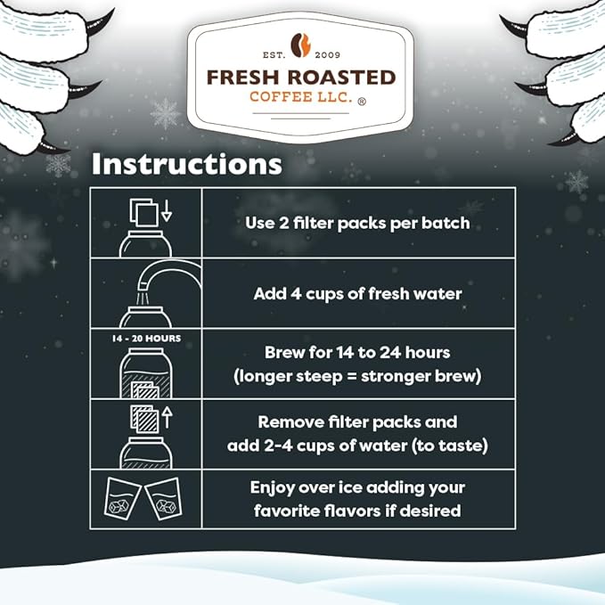 Fresh Roasted Coffee, Organic Frostbite Cold Brew Coffee Filter Packs | Mold & Myco Tested, USDA Organic, Kosher | Medium Roast, 12 Count, 24 oz