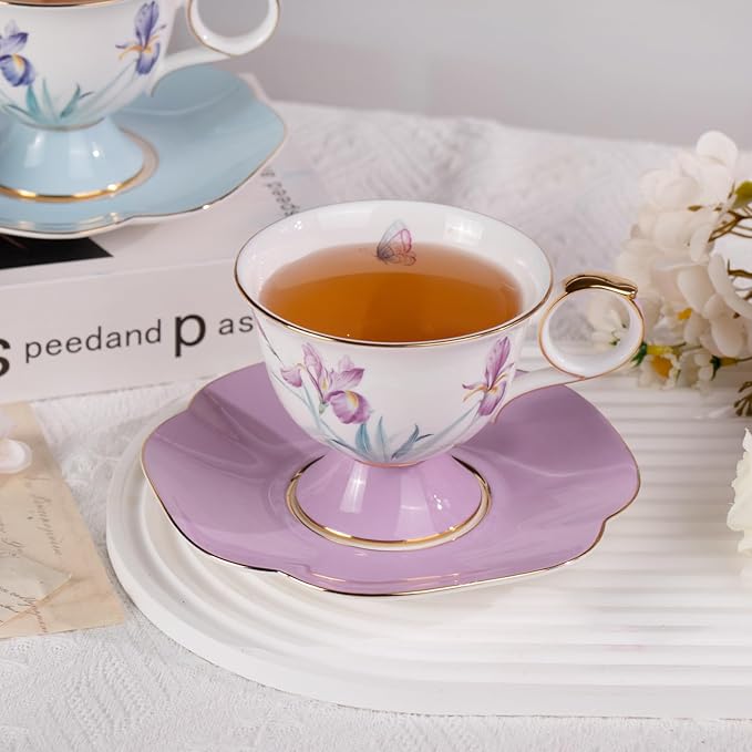 KAMMAK Ceramic Coffee Cups Saucers Set of 2, Porcelain Espresso Cups with Saucers, 8.45 oz Handcrafted Elegant Bone China Tea Cups, Iris Flower & Butterfly Pattern Teacup for Party, Office, Gift