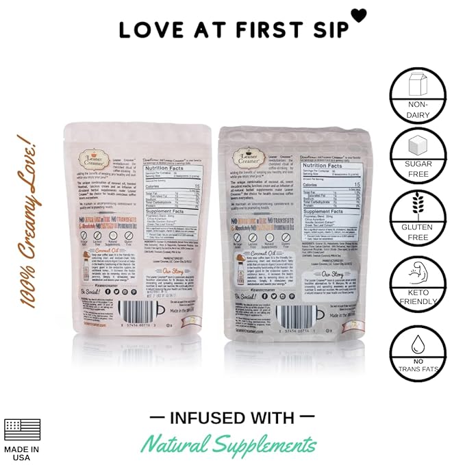 Leaner Creamer Coconut Creamer with Superfood Ingredients – Non-Dairy, Sugar-Free Powdered Coffee Creamer – Mocha & Hazelnut Bundle – 280g Each