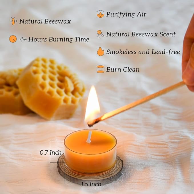 36PCS Pure Beeswax Tealight Candles, Natural Scent, Clear Cup,Raw