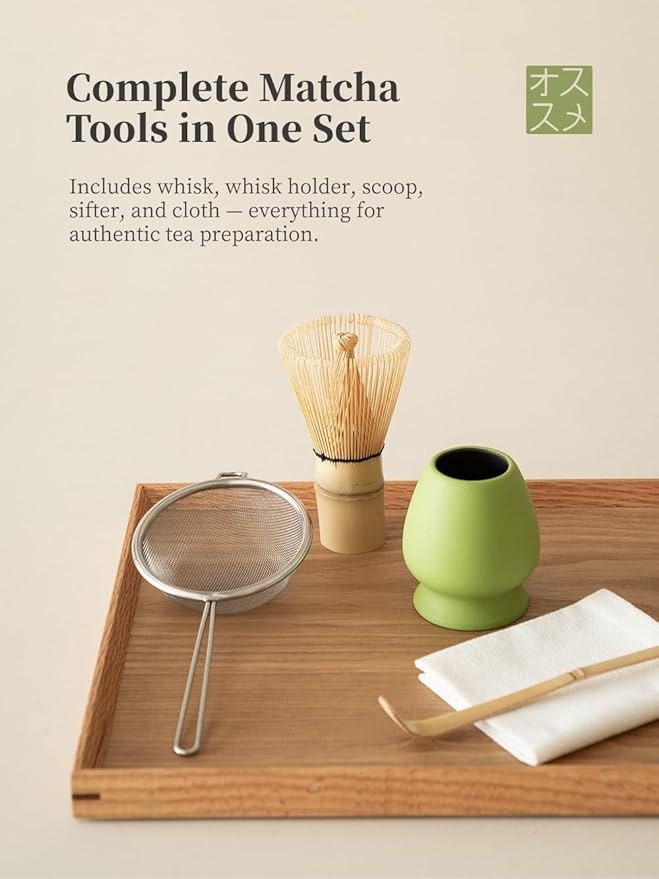 6-pcs Japanese Matcha Whisk Set, Handmade Ceramic Matcha Set with Bowl(Chawan),Bamboo Whisk(Chasen) and Holder, Scoop, Sifter & Tea Towel,Matcha Kit for Ceremony (Matcha Green)