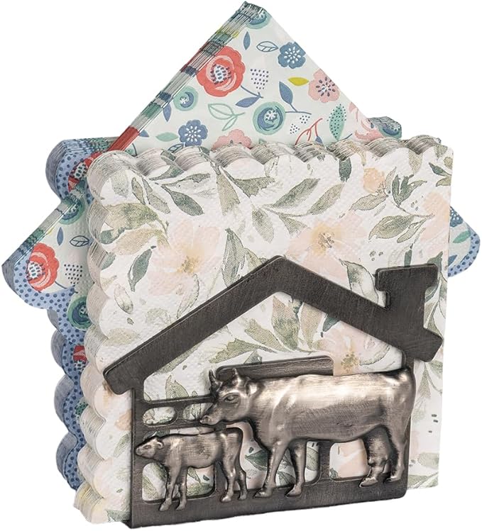 Metal Napkin Holder for Tabletop, Rustic Farmhouse Cow & Calf Napkins Holder for Paper Napkins, Vintage Metal Tissue Napkin Dispenser, Napkin Table Decor for Kitchen (Cow and Calf/Black)