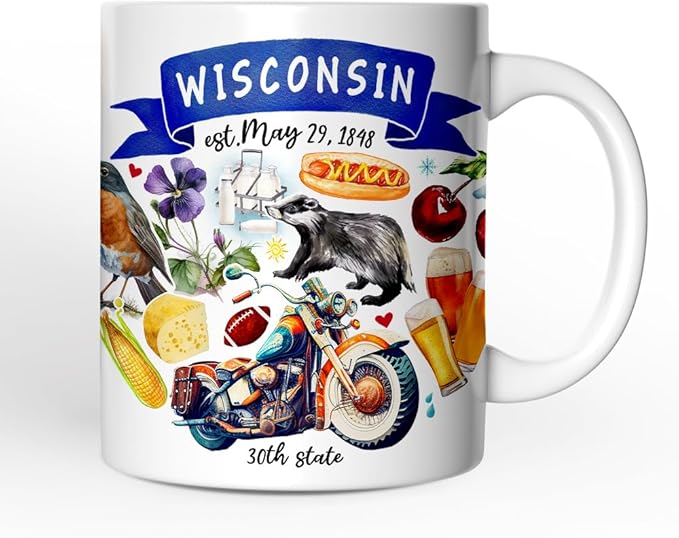 OrnamentallyYou State Travel Landmark Mugs – 12 oz Ceramic Coffee Cups, U.S. Souvenir Gift for Tourists (Artistic Wisconsin State Themes and Landmarks Mug)