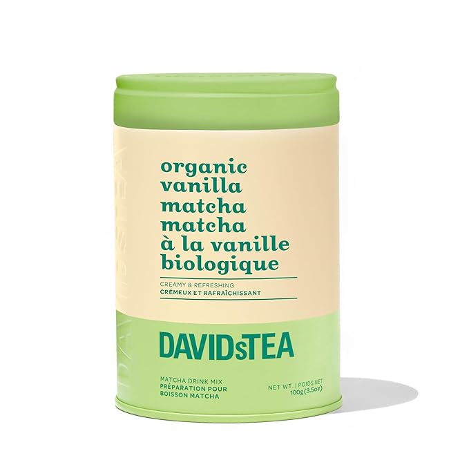 DAVIDsTEA Organic Vanilla Matcha Tea – Flavored Green Tea Powder with Natural Vanilla – Low Caffeine – 100g Iconic Tin – Smooth, Creamy & Sweet Matcha for Lattes, Iced Drinks