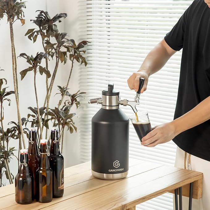 128oz Double-Walled Mini Keg Growler, Stainless Steel Vacuum Insulated Home Dispenser System with Detachable Faucet & Regulator Keeps Homebrew, Craft, and Draft Beer Carbonated and Fresh