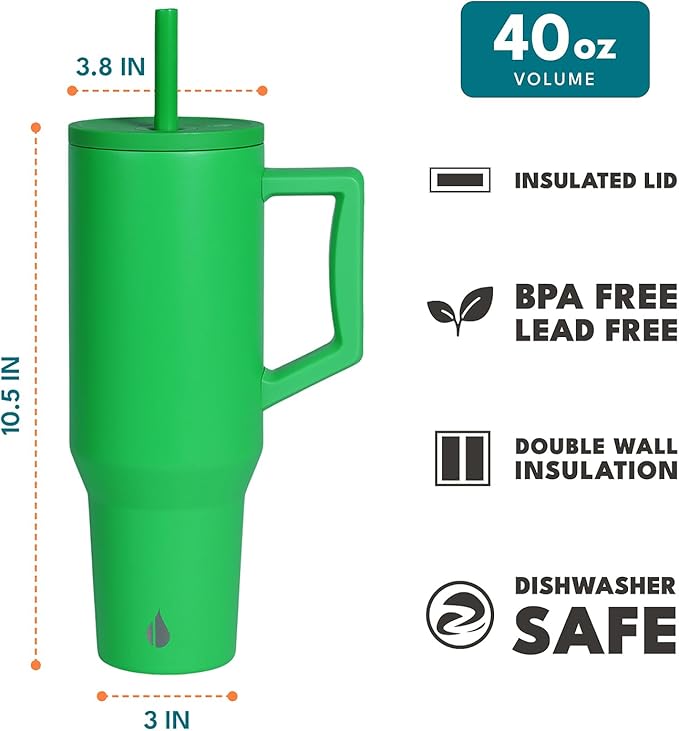 Elemental 40 oz Tumbler with Handle and Straw - Spill Proof Insulated Stainless Steel Commuter for Hot and Cold Beverages - Travel Coffee Mug with 2 Straws & Spill Proof Lid - 40oz - Green