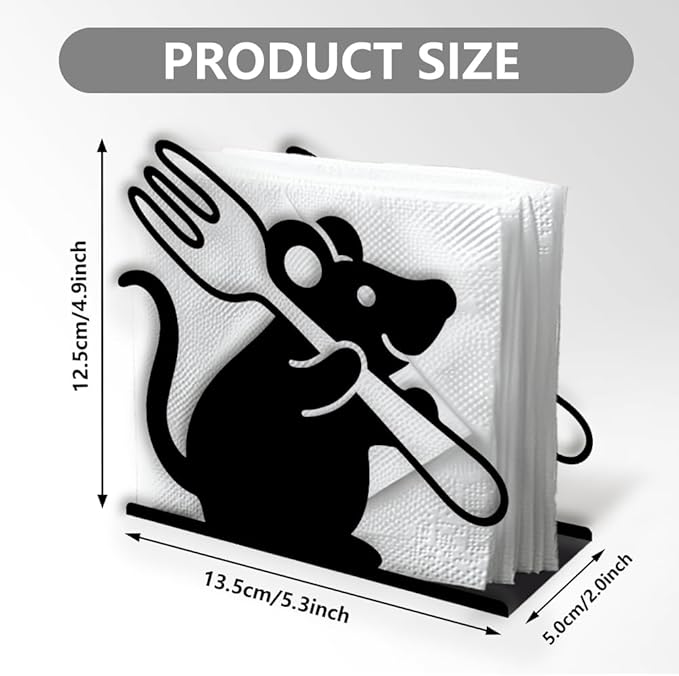 Funny Mouse Decorative Black Metal Napkin Holder for Table, 5.3" x 4.9" x 1.9" Mouse Fork Animal Standing Napkin Holder for Home Kitchen Restaurant Picnic Party Coffee Bar Dining Room