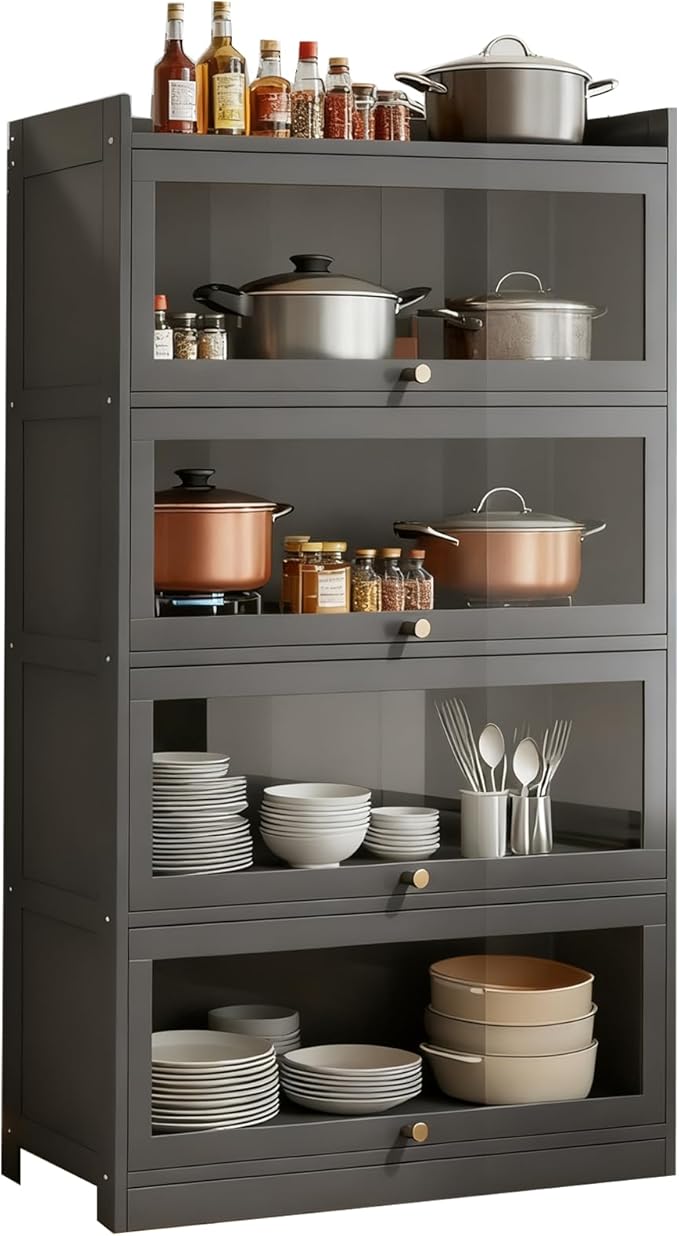 Kitchen Pantry Cabinet, Kitchen Storage Cabinets with Door, 55" Tall Pantries Cabinet & Cupboard for Kitchen, Dining Room, Living Room, Bamboo, Grey