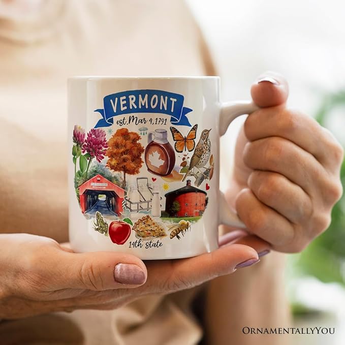 OrnamentallyYou State Travel Landmark Mugs – 12 oz Ceramic Coffee Cups, U.S. Souvenir Gift for Tourists (Artistic Vermont State Themes and Landmarks Mug)