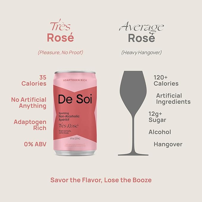 De Soi Très Rosé Mocktails NA Drinks 8 fl oz (12-pack) - Adaptogen Drink, Sparkling Drink with Calming Botanicals, Mocktail Drinks, Gluten Free, No Artificial Flavors