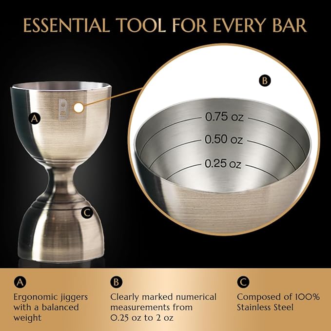 Double Bell Jigger by Bull In China - 0.25oz to 2oz Measures for Cocktails, Bars & Bartenders (Antique Brass)