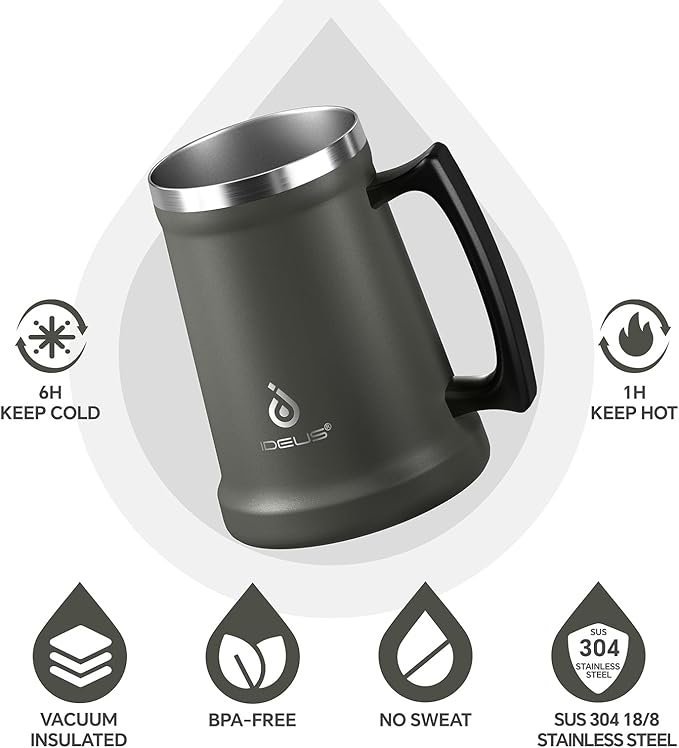 Ideus Insulated Beer Stein, 24/32oz Stainless Steel Double Walled Beer Mug Giant Bar Drinkware Metal Beer Cup with Big Grip Handle (Grey, 34oz (1,000ml))