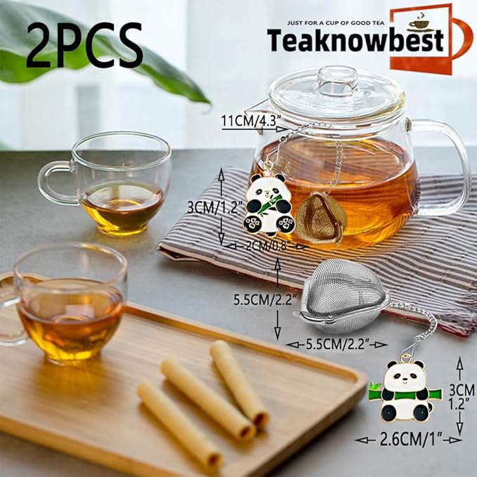 2pcs Fun panda loose tea strainer, cute tea Infuser, Heart shaped tea ball + animal pendant, reusable tea steeper makes afternoon tea meaningful (Panda, 2PCS)