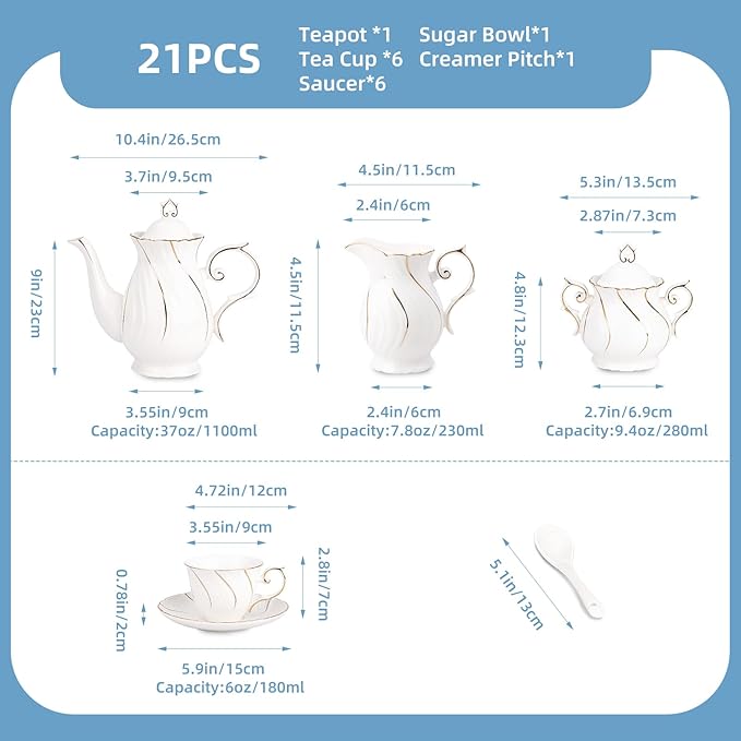 Tea Set 21-Piece Porcelain tea cups and saucers set of 6 with Sugar and Creamer Set & Teapot,teapot set for Adults, Women Tea Party,White