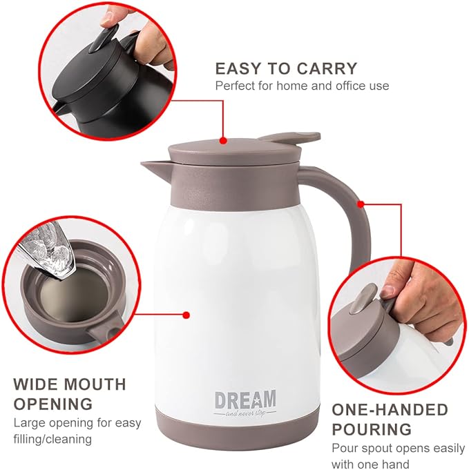 Thermal Coffee Carafe Tea Pot Stainless Steel, Double Wall Vacuum Insulated | Cool Touch Handle | Hot & Cold Retention | Non-Slip Silicone Base | BPA Free, 27OZ /800ML (Black)