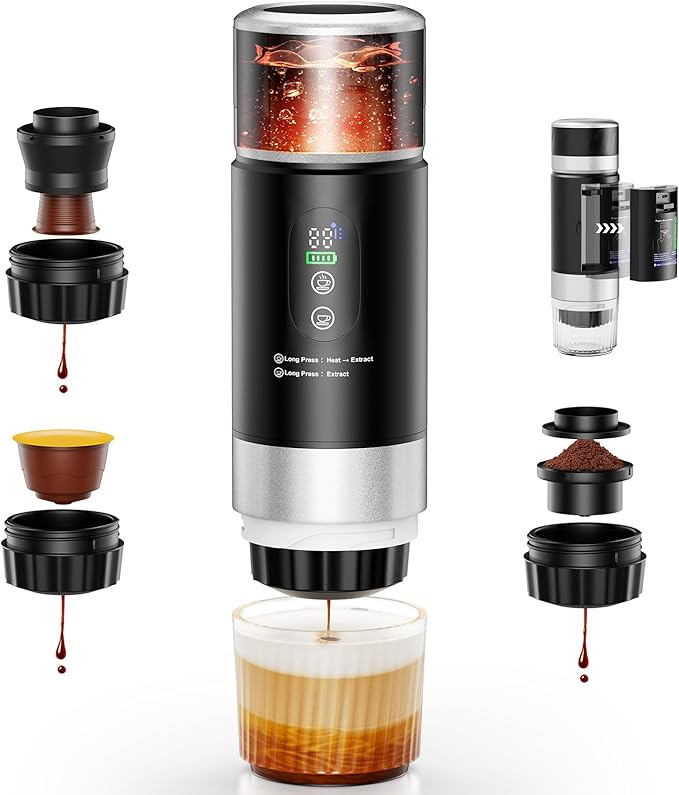 Portable Espresso Maker, Travel Coffee Maker for camping, Portable Espresso Machine with USB-C, 3-in-1 Small Espresso Machine with Ground Coffee & Capsules (NS＆DG) for RV, Hiking (Obsidian Black)