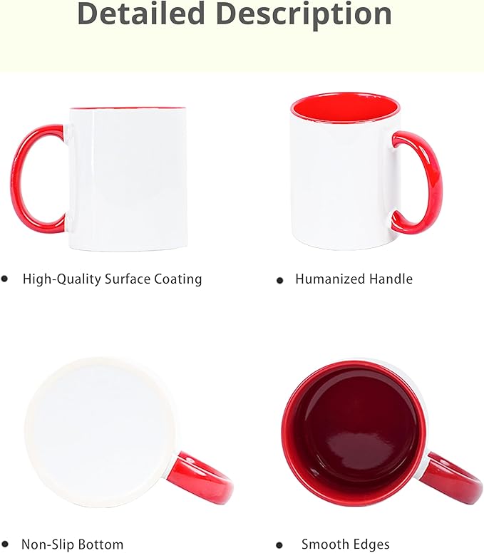 11oz White Ceramic Sublimation Coffee Mug With Solid Color Red Inside and Handle,12 individual white gift box