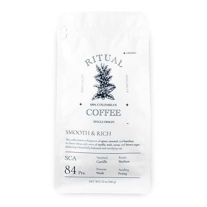 Ritual Specialty Coffee - Colombian Single Origin Ground Coffee Gourmet, Smooth & Rich Profile, 84+ SCA Score (Caramel, Vanilla & Cocoa), Medium Roast - 12oz (340g) 100% Castillo Variety.