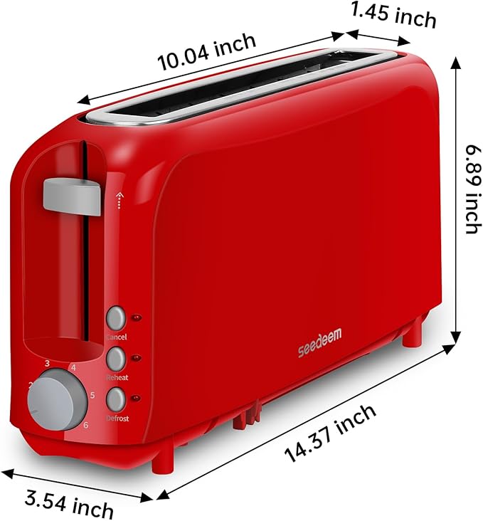 SEEDEEM 2 Slice Slim Toaster, Single 10" Long Slot Toaster Fits Bagels & Artisan Bread, 6 Shade Settings, Cancel/Reheat/Defrost, Removable Crumb Tray, Auto Shut-Off, Red