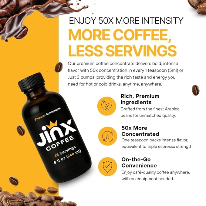Jinx Coffee Concentrate – 50x Stronger Cold Brew Coffee | Strong Caffeine Concentrated Liquid, Perfect for Instant Hot or Iced Coffees, Cold Brew Concentrate, Hot Drinks, and Instant Espresso | 48 Servings of Premium Concentrated Coffee