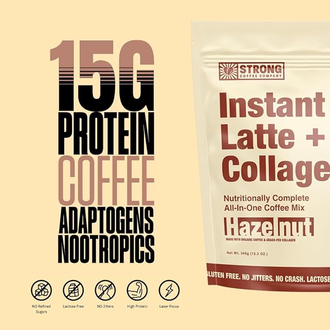 Strong Coffee Co. Hazelnut Instant Latte | Organic Coffee with 15g Collagen Protein | Lion’s Mane & L-Theanine | Nootropic Instant Coffee | 12 Servings