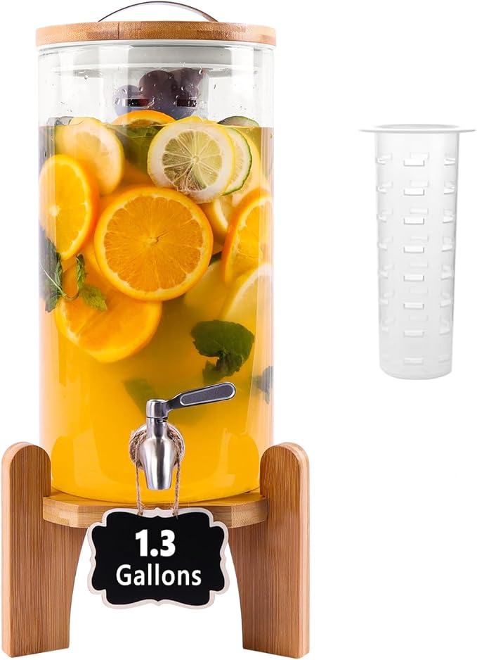 1.3 Gallon Drink Dispenser, Glass Beverage Dispenser with Wood Stand, Lemonade Dispenser with Airtight Valve and Stainless Steel Spigot Fruit Infuser, Thick Drink Dispenser for Parties Restaurants