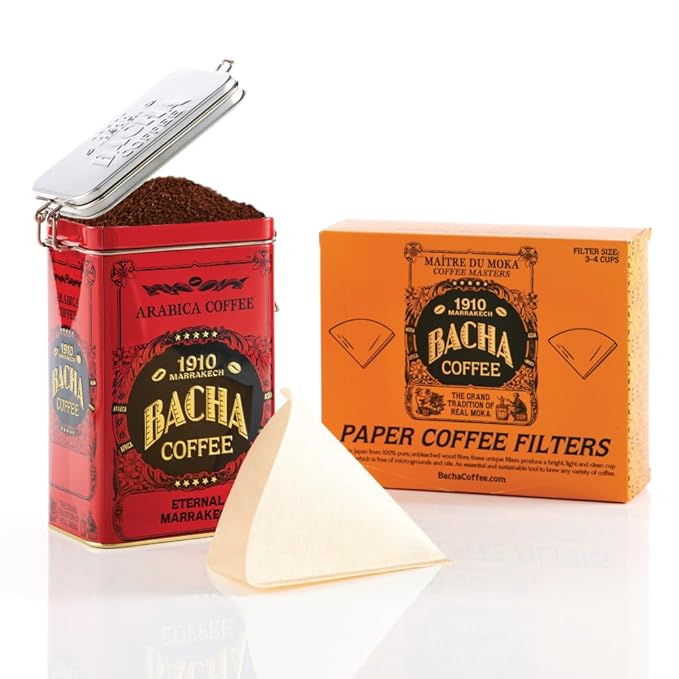 Bacha Coffee | Eternal Marrakech Fine Flavoured Coffee, Autograph Collection, 100% Arabica Specialty Coffee, Ground Beans, Medium Roast, 350g & 100% Natural Unbleached Wood Fibre Paper Filters, Large