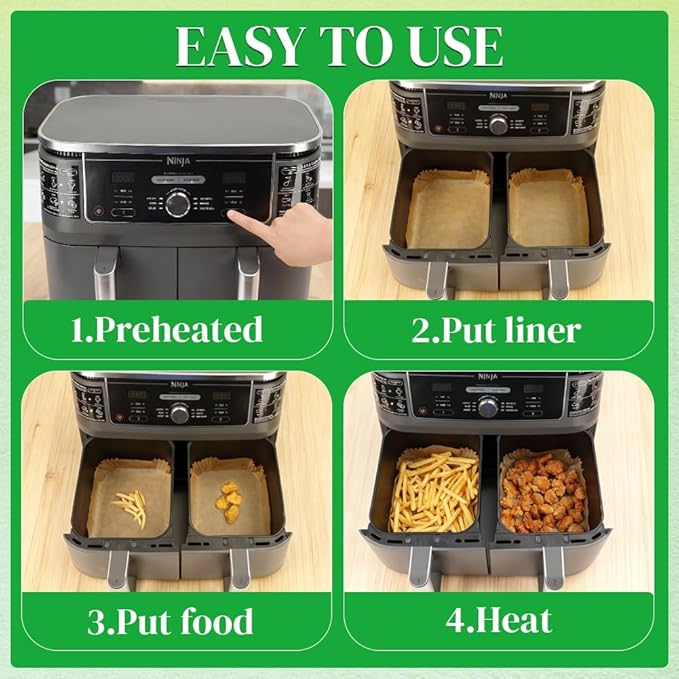 BYKITCHEN 300PCS Air Fryer Liners for Ninja Dual Airfryer, Rectangle Disposable Air Fryer Parchment Paper Compatible with Ninja DZ201/ DZ401/ DZ550, Bella Slim Airfryer &More, Air Fryer Accessories