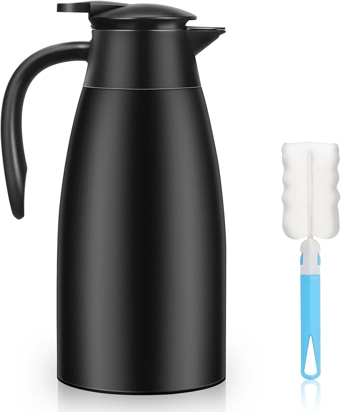 1 PCS 68 OZ Thermal Coffee Carafe, Insulated Stainless Steel Coffee Carafe Double Walled Vacuum Thermal Pot Flask with Brushes Thermos for Keeping Hot Coffee Tea Home and Office (Black)