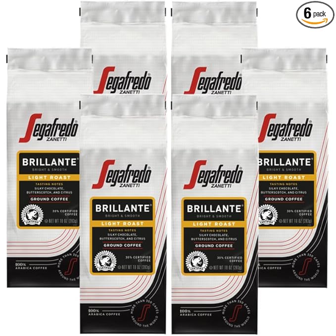 Segafredo Zanetti Ground Coffee – Made with Arabica Coffee – Light Roast, Smooth with Floral Notes – Blend of Colombian and Sumatran Arabicas – Bright, Medium-Bodied – Brillante, 10oz Bag, Pack of 6