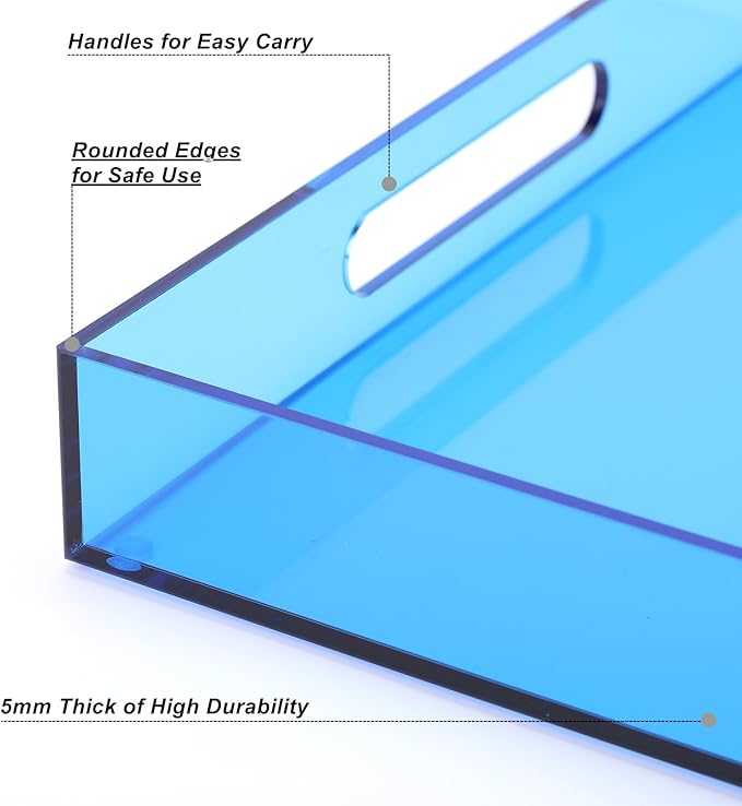 Large Acrylic Tray Ottoman Coffee Table Tray with Handles 17x13'' Decorative Serving Platter for Food Tea Dinner Snack Eating Bar Party, Blue