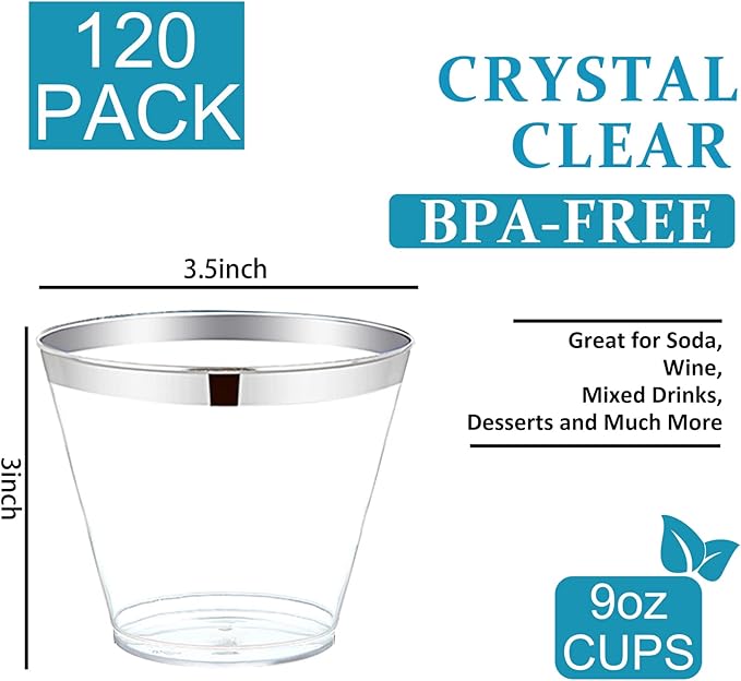 WELLIFE 120PCS Silver Disposable Plastic Cups,9 oz Clear Plastic Cups,Disposable Wine Glasses for Party and Christmas