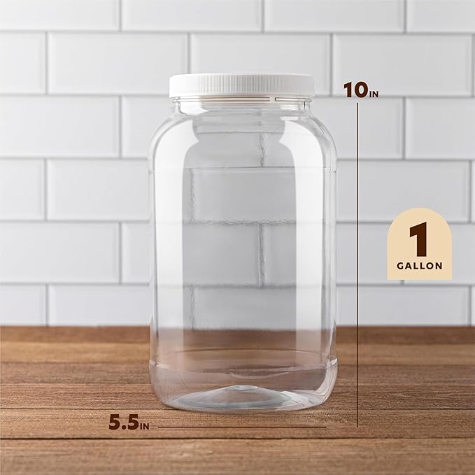 kitchentoolz 1 Gallon Plastic Mason Jar with Airtight Lid – Extra Wide Mouth Clear Storage Container – Made in USA – 4 Pack