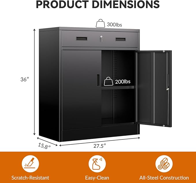 BESFUR 36" H Metal Cabinet with Lockable Drawer and 2 Lockable Doors, Black Locking Cabinet with Adjustable Shelf, Lockable Storage Cabinet for Home Office, Garage,School, Warehouse, Utility Room