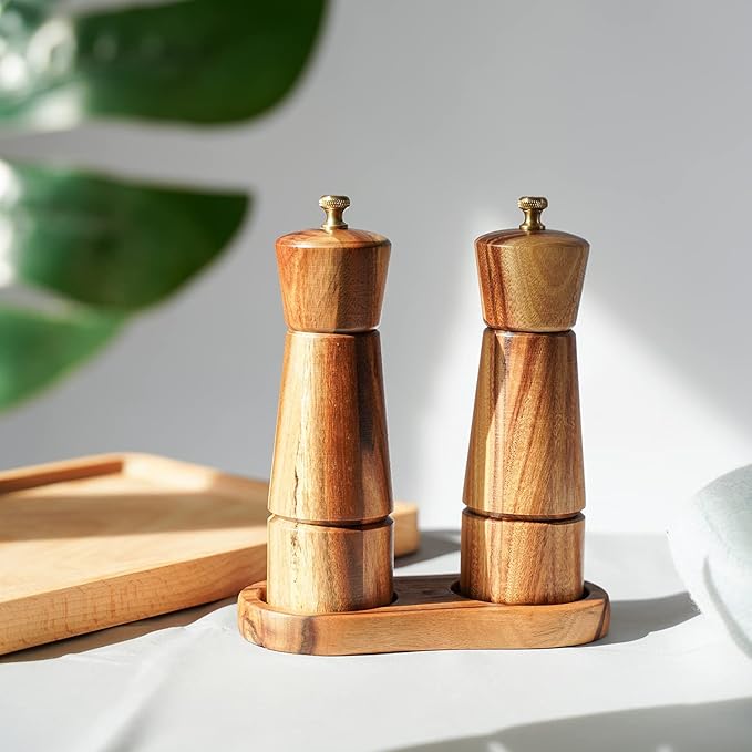 Salt and Pepper Mill Set, Adjustable Ceramic Grinder Salt Mill, Stainless Steel Grinder Pepper Mill, Acacia Wood, 16.5 cm / 6 inch Height, Bottom Dia 5 cm (Tray is NOT Included)