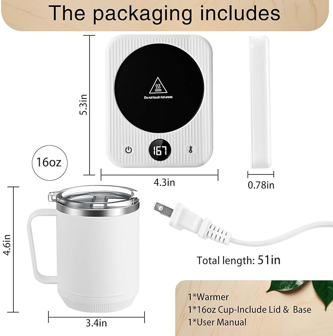 Waipfaru Coffee Mug Warmer & Mug Set for Desk, Heated Coffee Cup Warmer with Auto Shut Off, Electric Self Heating Mug & 3 Temperature Control Smart Mug for Office, Home and Travel, White