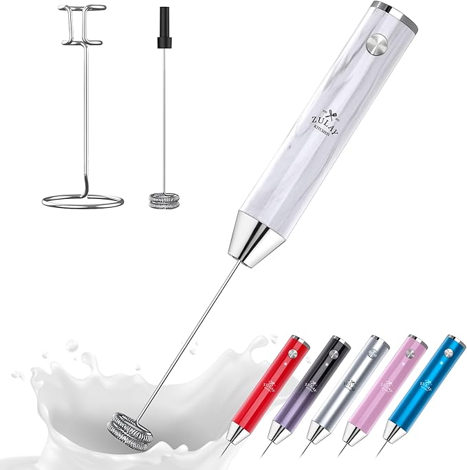 Zulay Kitchen Lux Electric Milk Frother Rechargeable Handheld - Powerful 2-Speed Motor, Waterproof, 2000mAh Battery - Drink Mixer for Latte, Cappuccino, Matcha & Protein Powder - White Marble