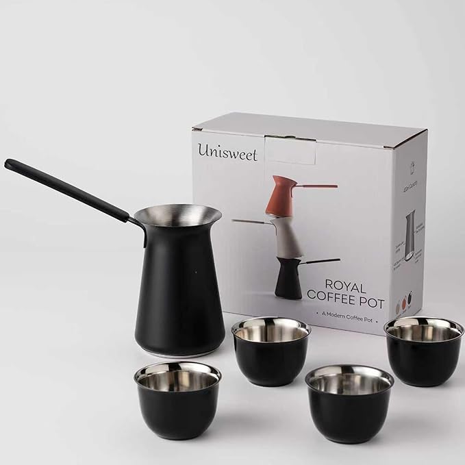 Turkish Coffee Pot Set- Coffee Maker, Briki Greek Turkish Pot with 4 Small Cups, Arabic Tea Pot, Cezve/Ibrik Coffee Pot for Stovetop(1 pot and 4 small cups)