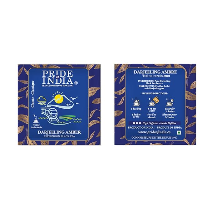 Pride of India | PACK of 2 - Darjeeling Amber: Afternoon Black Tea | 15 Pyramid Full Leaf Individually Wrapped Tea Bags | Smooth, Musky, Flowery Flavor| Single Estate Certified Classic Tea