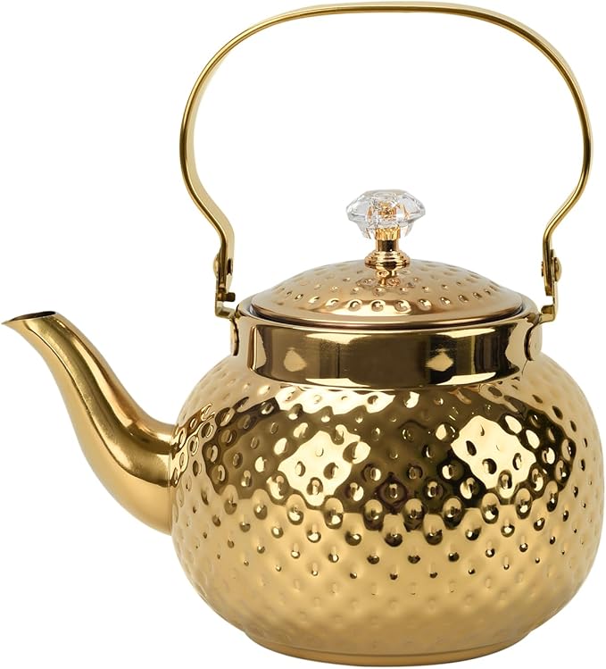 Hammered Tea Kettle, Stainless Steel Tea/Coffee Pot Loose Leaf Teapot for Tea, Milk, Coffee, 1.2L Teapot with Strainer Stovetop Tea Kettle, Outdoor Travel Supplies, Gift For Tea (Gold)