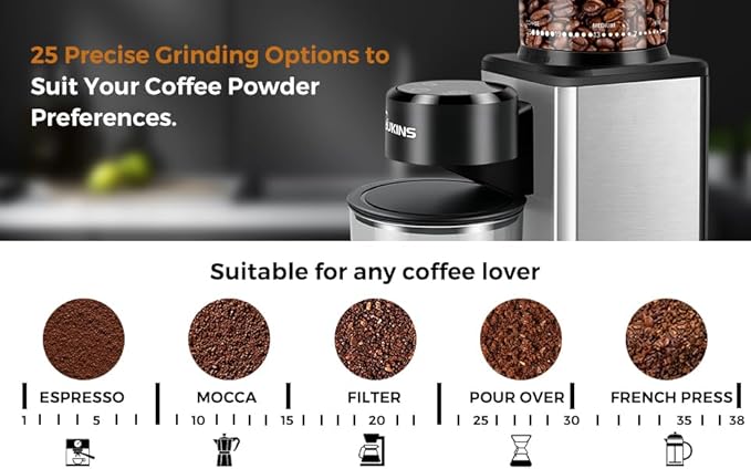 Electric Burr Coffee Grinder: Conical Coffee Bean Grinder Compact with 25 Precision Settings and Timer - Upgraded Anti-Static One-Touch Automatic Smart Grind for Home Use/Office/Cafes