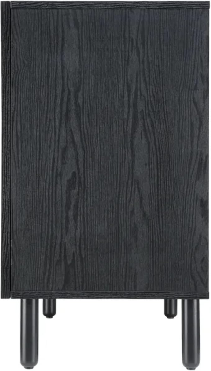 SANGO Orre 2-Door Cabinet, Modern Black Storage Cabinet with Synthetic Rattan Door Panels, Adjustable Shelf, Cylindrical Wood Legs, Discreet Finger Pulls, Elegant Furniture for Living or Dining Room