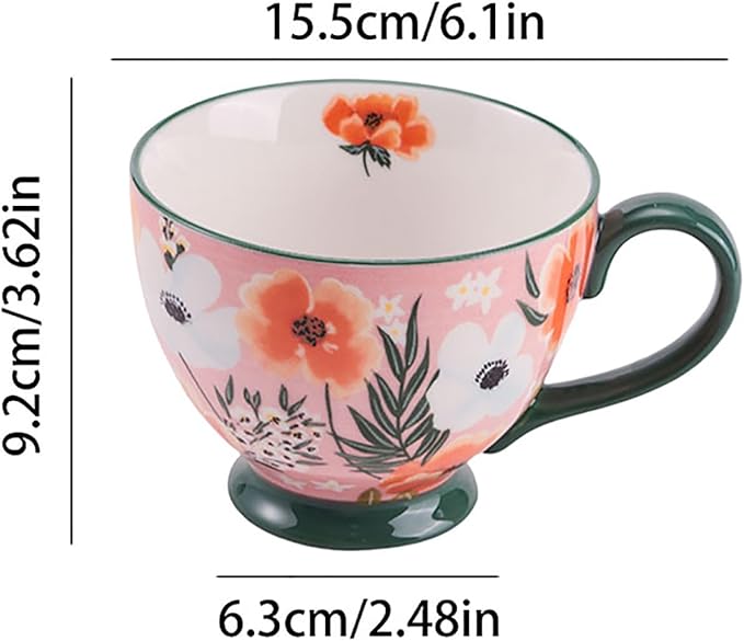 Autumn Handmade Large Ceramic Coffee Mug (20oz) Cute Cereal Vintage Flower Mugs Cozy Fall Gift Cup for Breakfast Oatmeal Tea & Hot Drinks with Floral Design