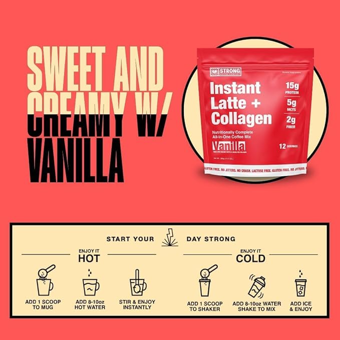 Strong Coffee Co. Instant Vanilla Latte Travel Pack | Organic Coffee with 15g Collagen Protein | Lion’s Mane & L-Theanine | Nootropic Instant Coffee | 7 Servings
